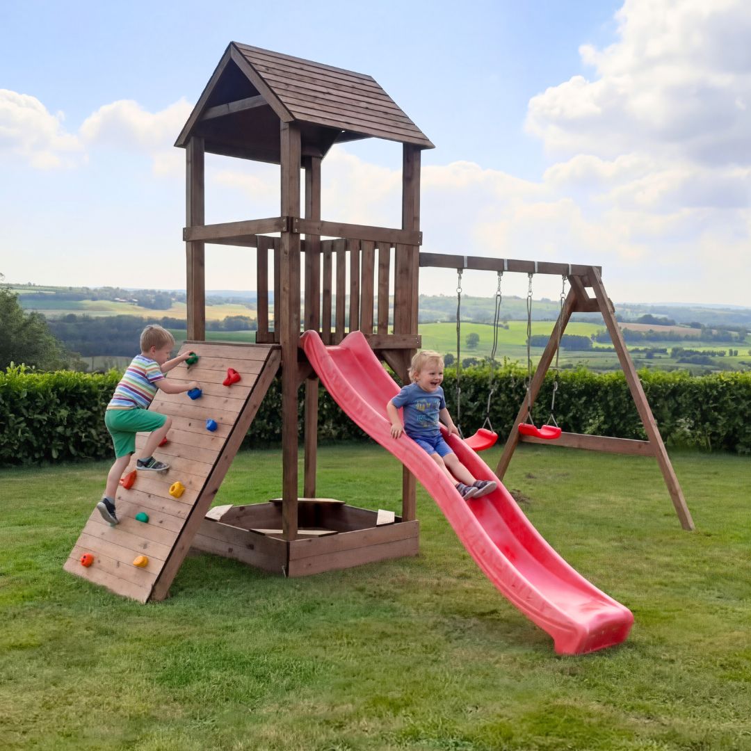 Safari Wooden Play Tower with Climbing Wall, Swings & Slide _ Unit 3